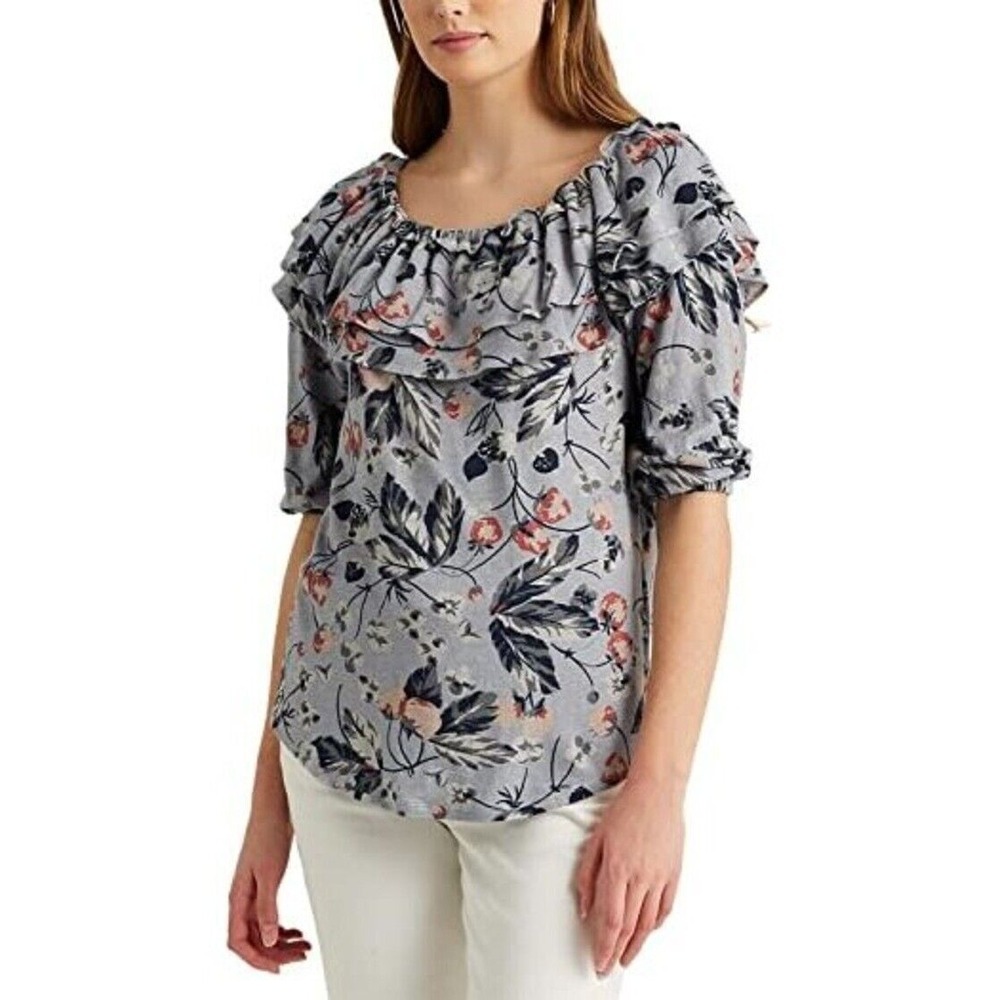 Lauren Ralph Lauren Floral Linen Jersey Off Shoulder Top Size Large L